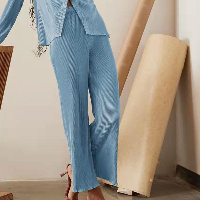 

European and American Sexy Flared Sleeve Shirt + Trousers Blue pants S