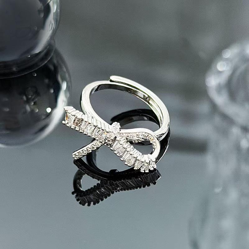Sweet And Cool Style Bow Full Of Diamonds, Zircon Ring, Open Finger, Women'S Fashion Index Finger Ring, Stacked With Niche Rings