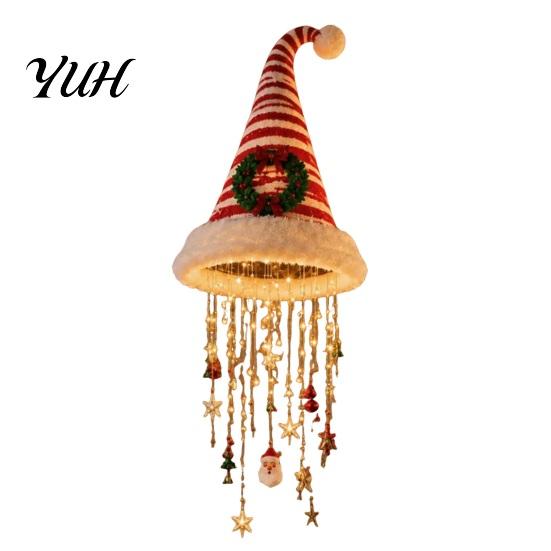 Decorative Hanging Ornaments for Ceiling Lighted Santa Hat Chandelier, Warm LED Christmas String, Sequined Cone Pendant Decor with Holiday Chandelier