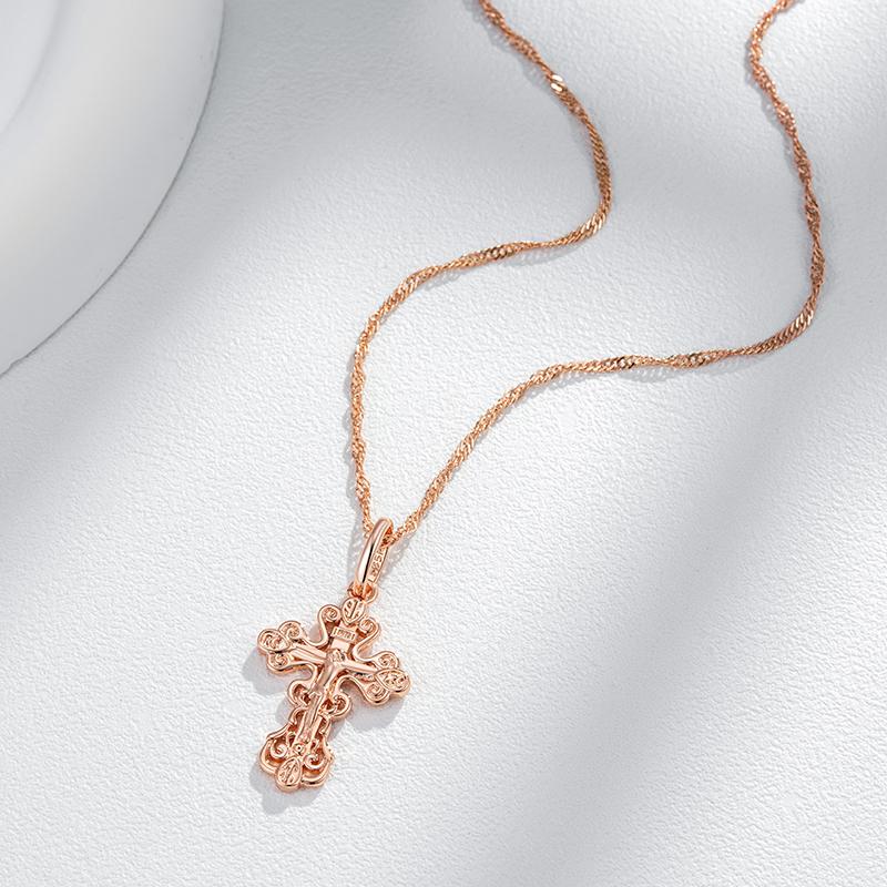 Luxury  Rose Gold Color Cross Pendant Necklace For Women Men Orthodox Church Jesus Glossy Charm Daily Fine Jewelry