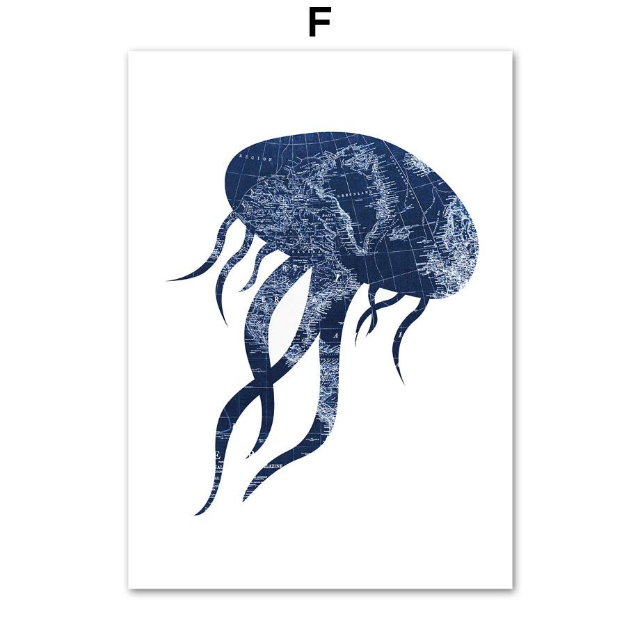 Blue Whale Shark Octopus Crab Fish Map Wall Art Canvas Painting Nordic Posters And Prints Wall Pictures For Baby Kids Room Decor