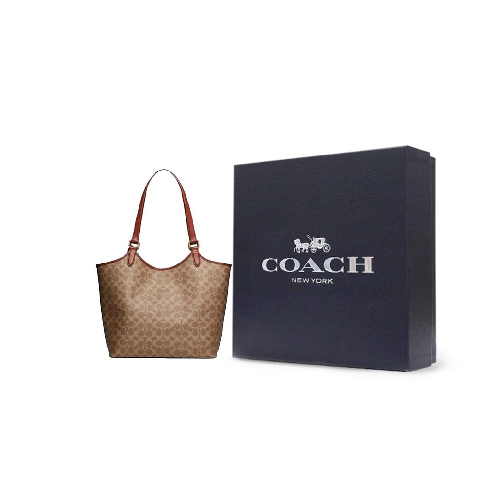 Coach Day 32 Classic Monogram Print Faux Leather Tote Bag Women Tote Bags Brown Yellow C6336-B4XHG