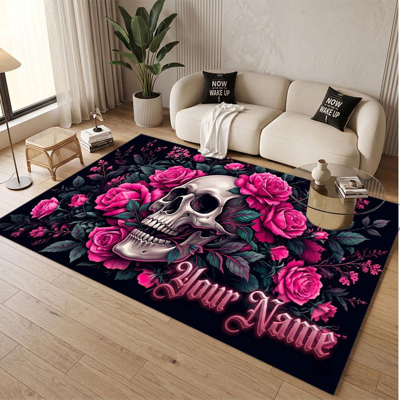 Skull Gothic Theme Soft Crystal Velvet Rug Custom Name & Text Print Non Slip Floor Rug for Bedroom Living Room