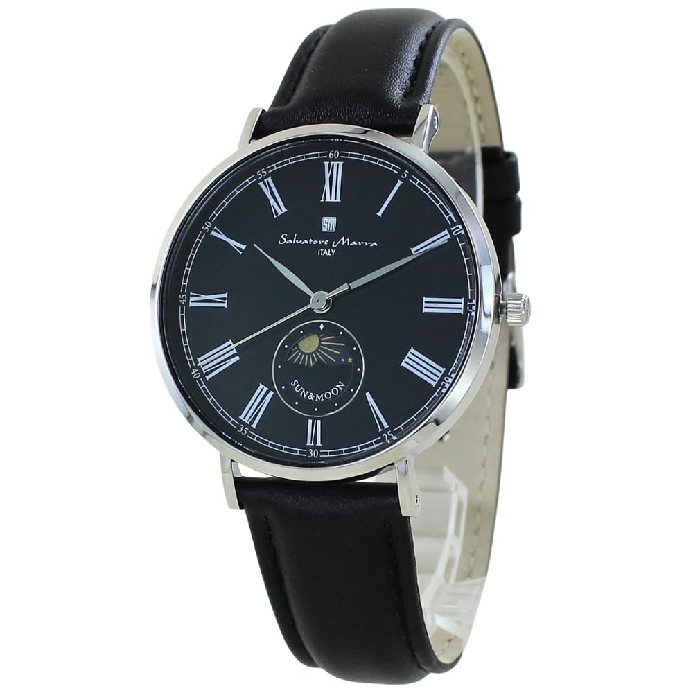 

Salvatore Marra Тонкие кварцевые часы «Солнце и Луна» с кожаным ремешком-шоппером, черный x мужская сумка, (нет. 3 Серебряный)