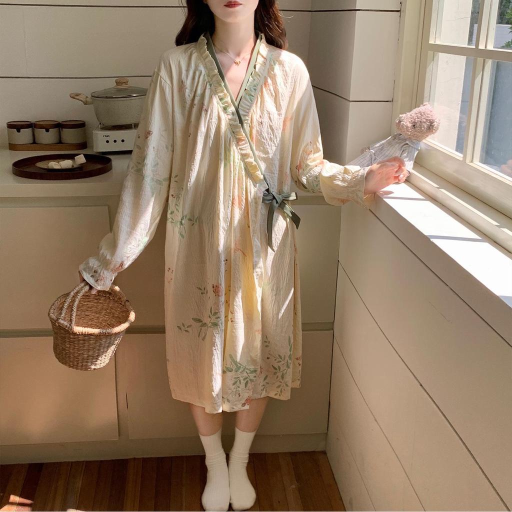 Women's Long Sleeve Kimono Pajama Dress - Sweet Chinese Pastoral Style for Spring & Autumn, Mid-Length, Loose Fit, Outdoor Wear