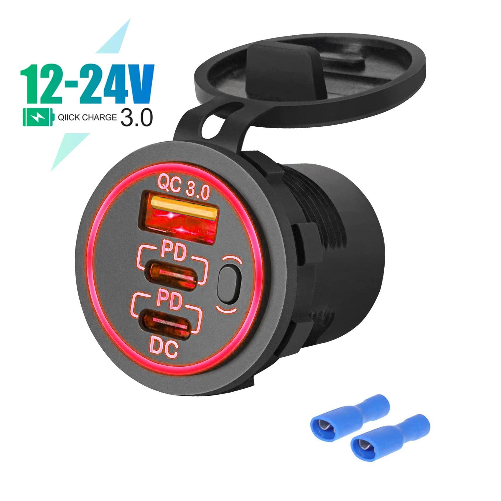 

78 Вт Двойной PD QC3.0 Автомобильный USB-зарядный разъем с переключателем Быстрая зарядка 3.0 розетка для 12 В/24 В автомобиля, мотоцикла, грузовика, лодки