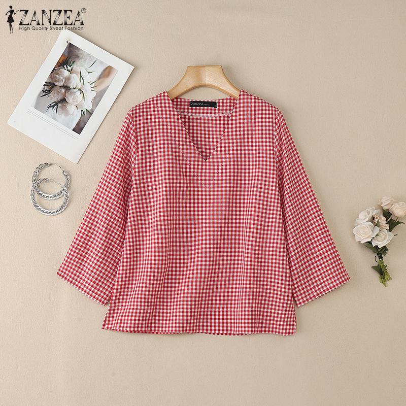 ZANZEA Bluză casual de damă cu gât în V, mâneci 3/4, croială lejeră și imprimeu carouri.