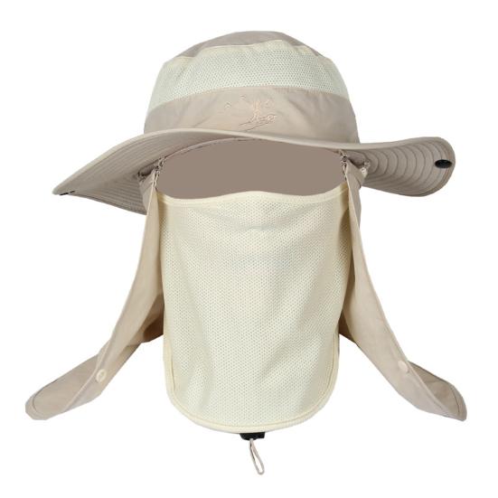 Sun Hat with Windproof Rope 360-Degree Sunshade System Curly Foldable Brim Outdoor Hat with Face Guard Shawl