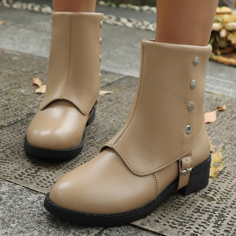 

Fashion 2025 Autumn New British Style Retro Coarse Heel Short Boots for Women Belt Buckle Rivet Design Comfortable Versatile Ankle Boots 36 хаки