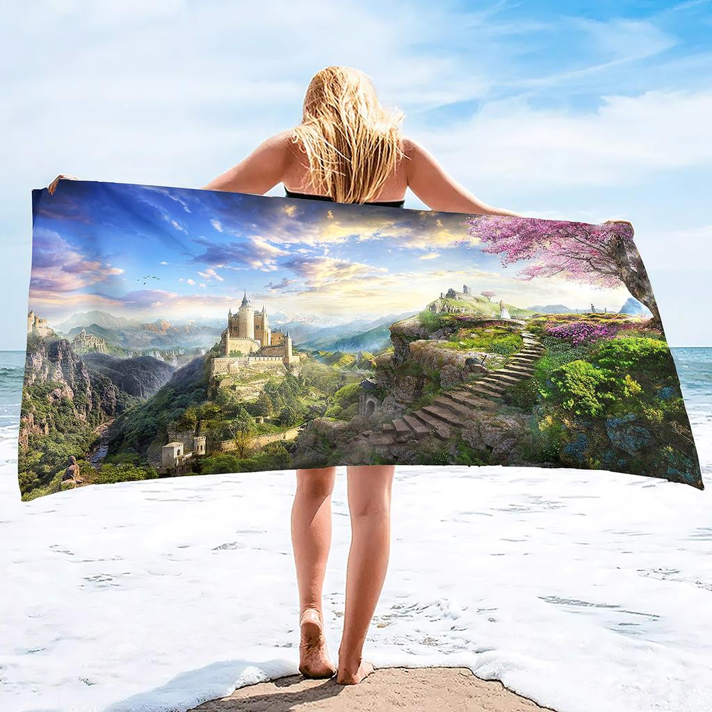 Beautiful Castle Series Seaside Vacation Beach Towel Swimming Bath Towel Microfiber Towel