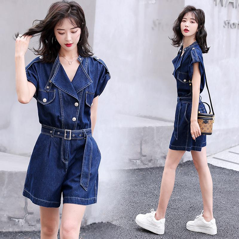 

Fashion denim jumpsuit women s summer new design sense niche waist thin wide leg jumpsuit shorts tide M джинсовый синий