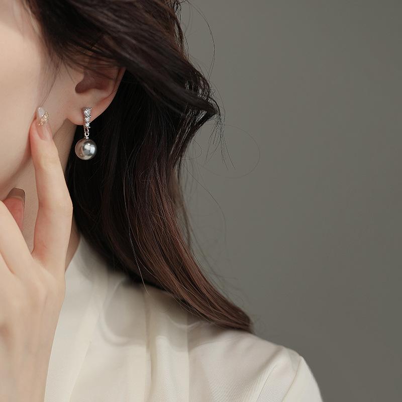 Korean Style Small Fragrance Zircon Pearl Silver Stud Earrings For Women