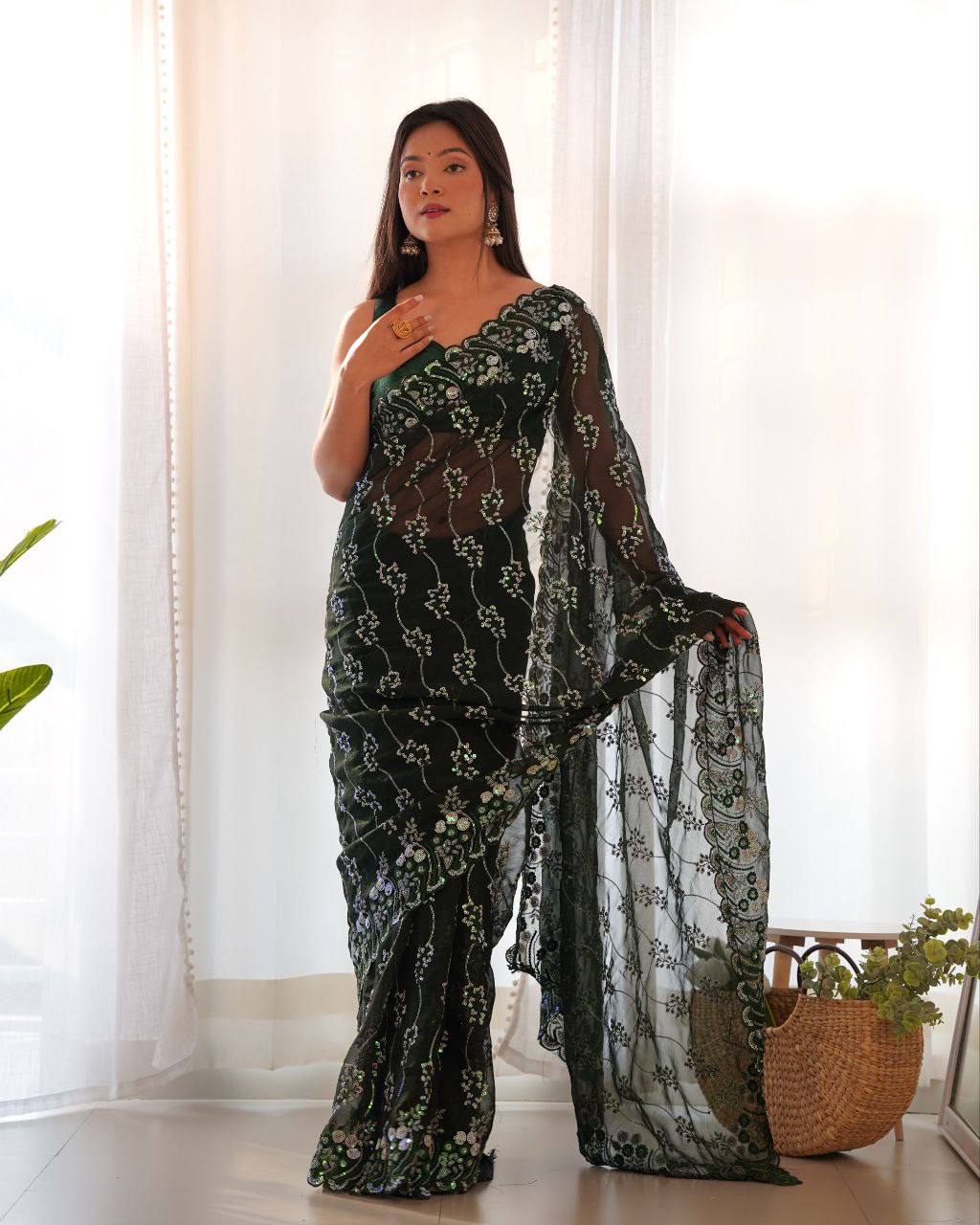 Women s Simmar Blooming Embroidered Saree with Mono Diamond Silk Blouse | Designer Sequins Wedding Party Saree Free Size