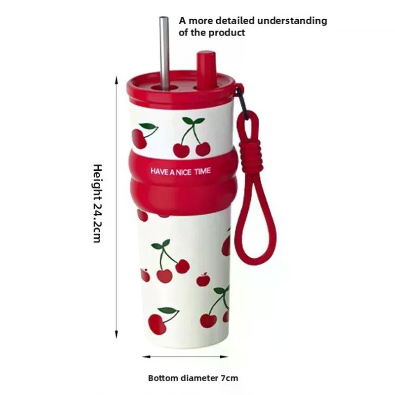 710ML Stainless Steel Cup Bow Cherry Flower Print Insulation Or Cooling High-capacity Cup With Lifting Rope Insulated Cup