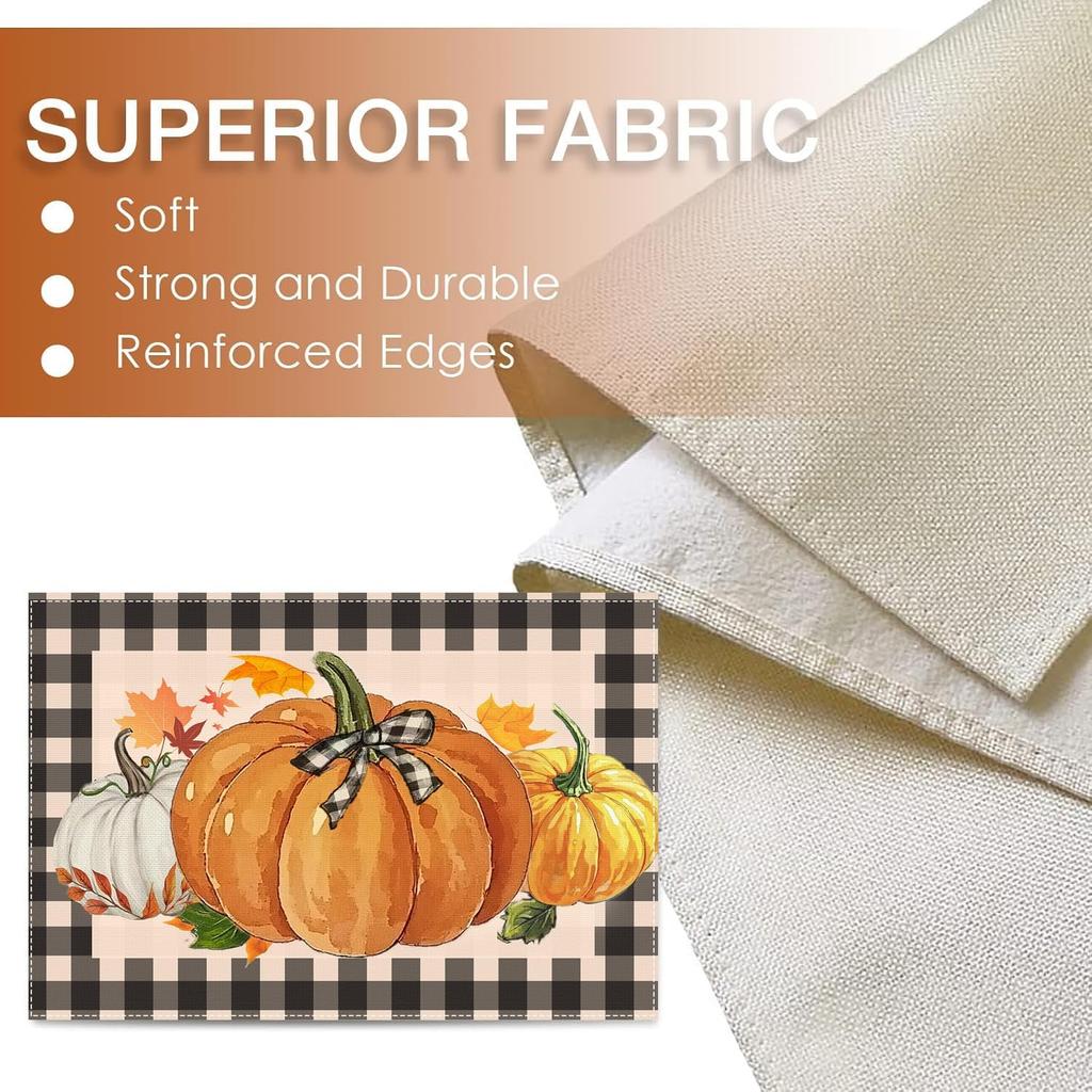 Pumpkin Buffalo Plaid Placemats Halloween Thanksgiving Table Mats Set of 4, 12x18 Inch Fall Autumn Decor for Party Kitchen Dining Decor Maple Leaf