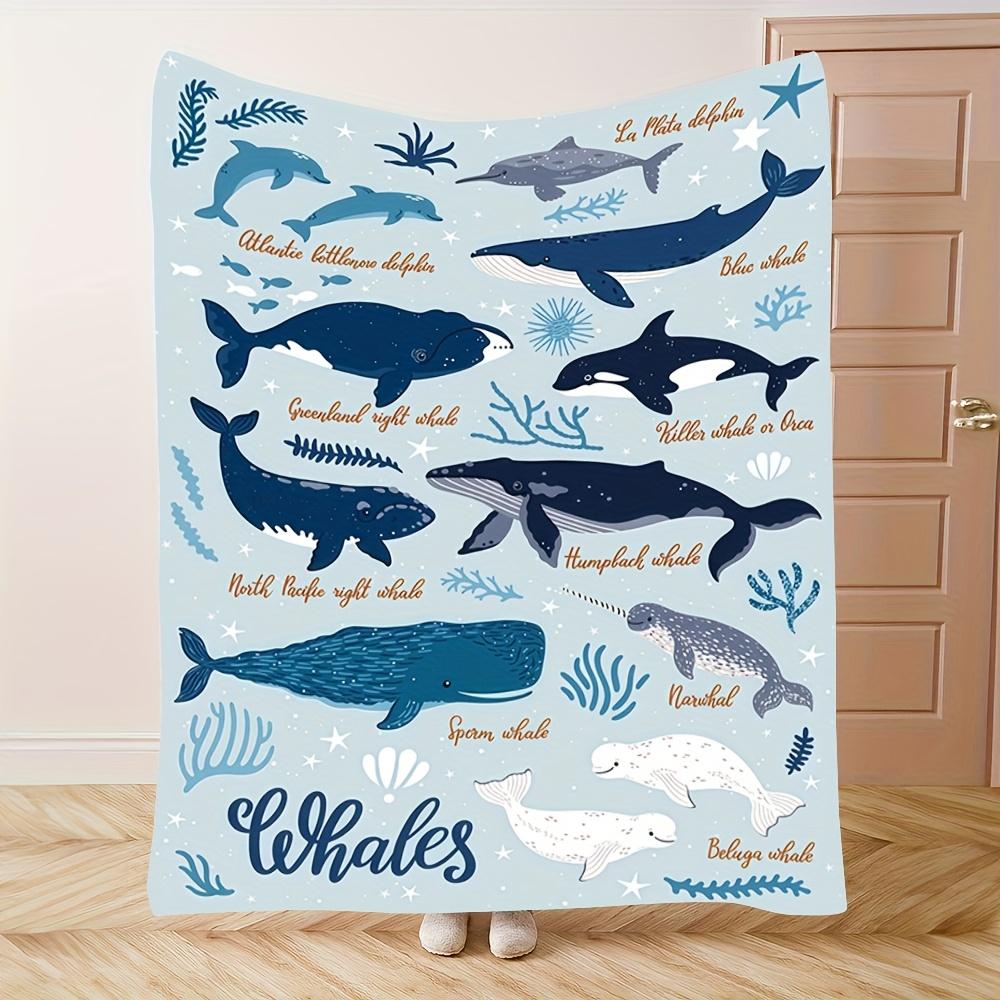 Ocean Whale Dolphin Flannel Blanket - Soft Warm and Cozy Blue Theme Blanket for Sofa/Bed/Travel, Perfect Gift, High Quality