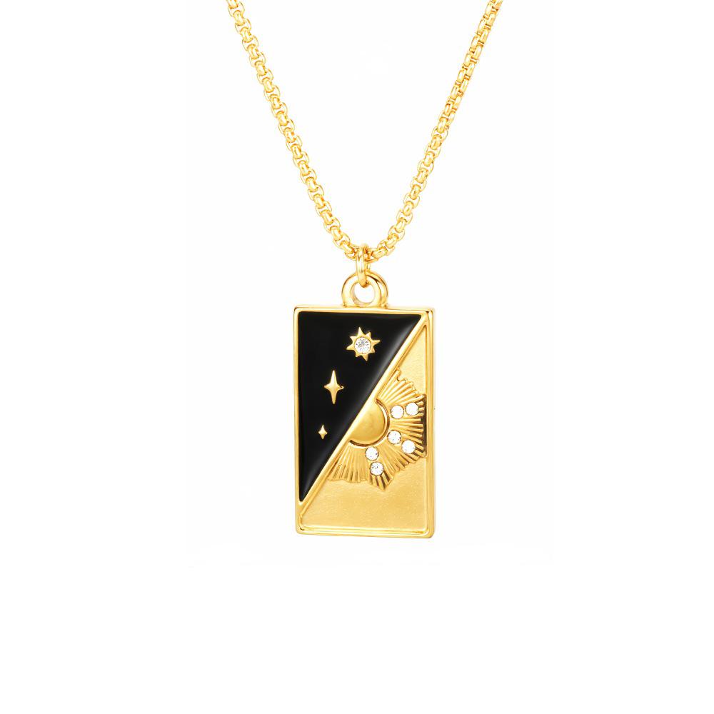 Retro Square Tarot Card Sun & Star Necklace with Drip Oil Pendant On Titanium Steel Clavicle Chain