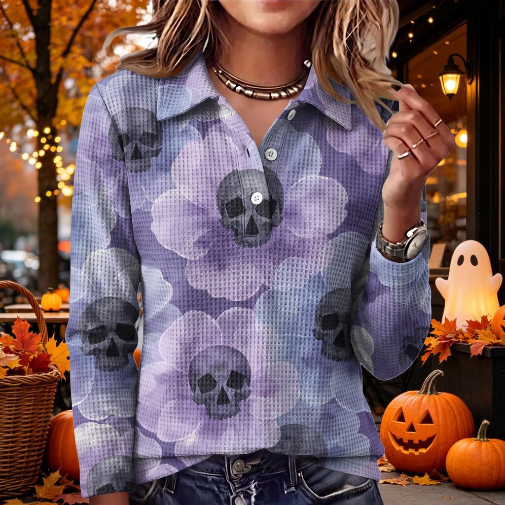 Women's Casual Long Sleeve Knit Top with Halloween Print and Lapel Collar