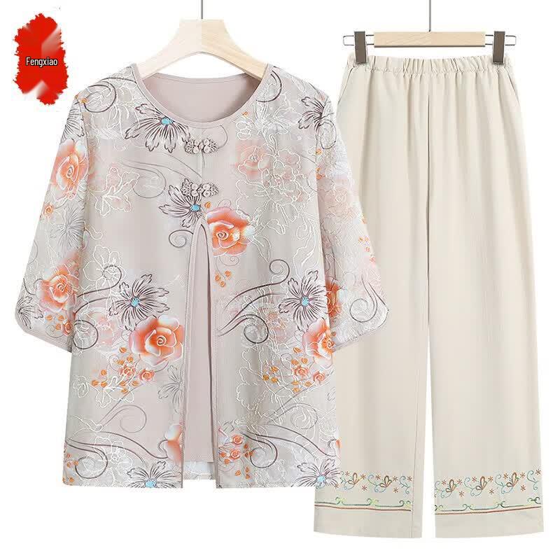 Elegant Floral Faux Two-Piece Top for Senior Women