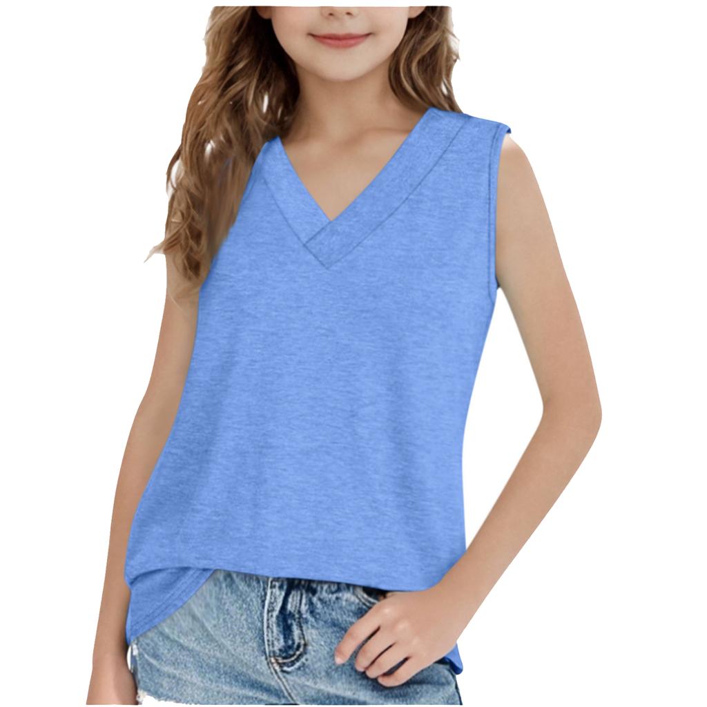 Summer Girls V-neck Vest Sleeveless Casual T-shirt Solid Color Loose Sports Vest