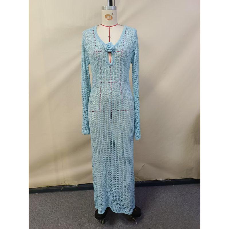 

Summer Western Style Seaside Beach Women clothes Knitted Pullover V-neck A- line Skirt Dress Blue L