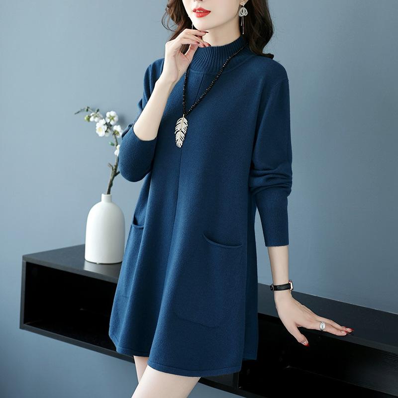 Large-sized Half Turtleneck Sweater Loose and Casual Mid-length Pullover for Women Solid-color A-line Knitted Dress