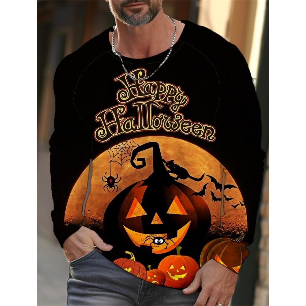 Pánské tričko s dlouhým rukávem s 3D potiskem dýně na Halloween, podzimní a zimní, pánská streetwearová móda, kulatý výstřih, dlouhý rukáv