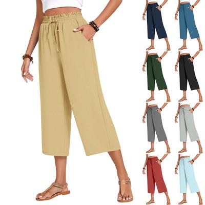 Damen Square Pocket Elastischer Bund Cropped Hose Lässige Baumwoll- und Leinenhose