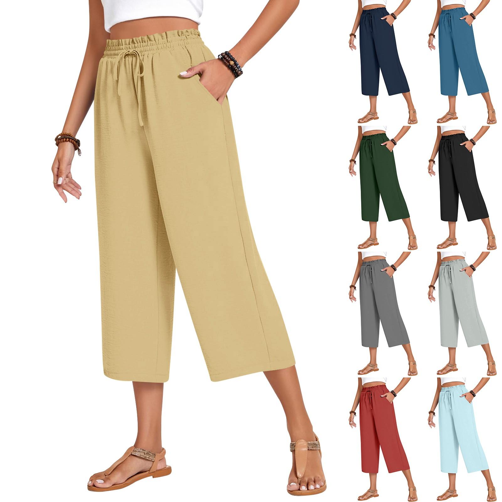 

Women s Square Pocket Elastic Waist Cropped Pants Casual Cotton And Linen Pants L армія зелений колір