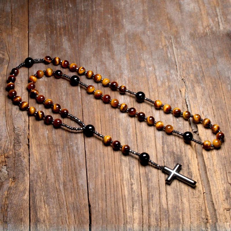 Collane con rosario di Cristo cattolico in pietra naturale occhio di tigre per donna uomo pendente con croce in ematite gioielli Mala