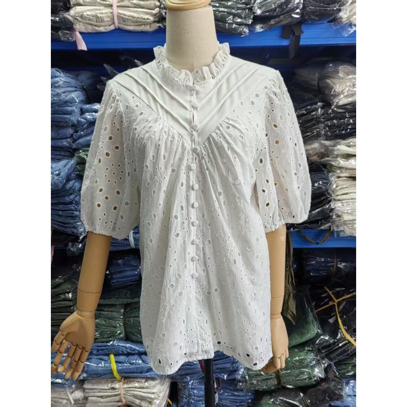 Womens Summer V Neck Lantern Sleeve Hollow Out Lace Embroidered Casual Blouse