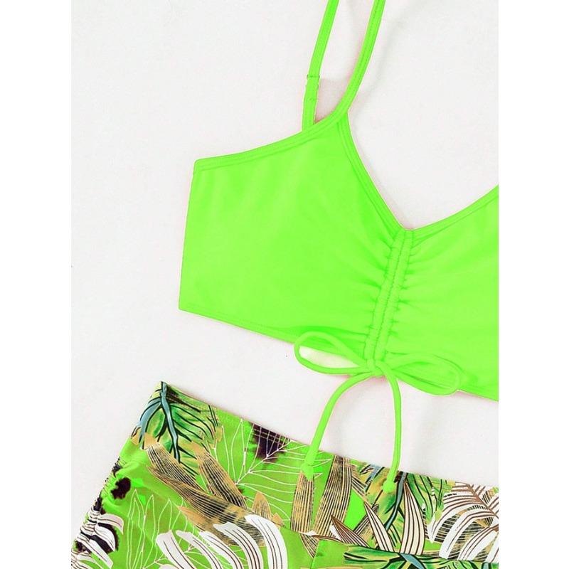 Women's Neon Green Tropical Leaf Two Piece Swimsuit - High Waisted Drawstring Bikini Set