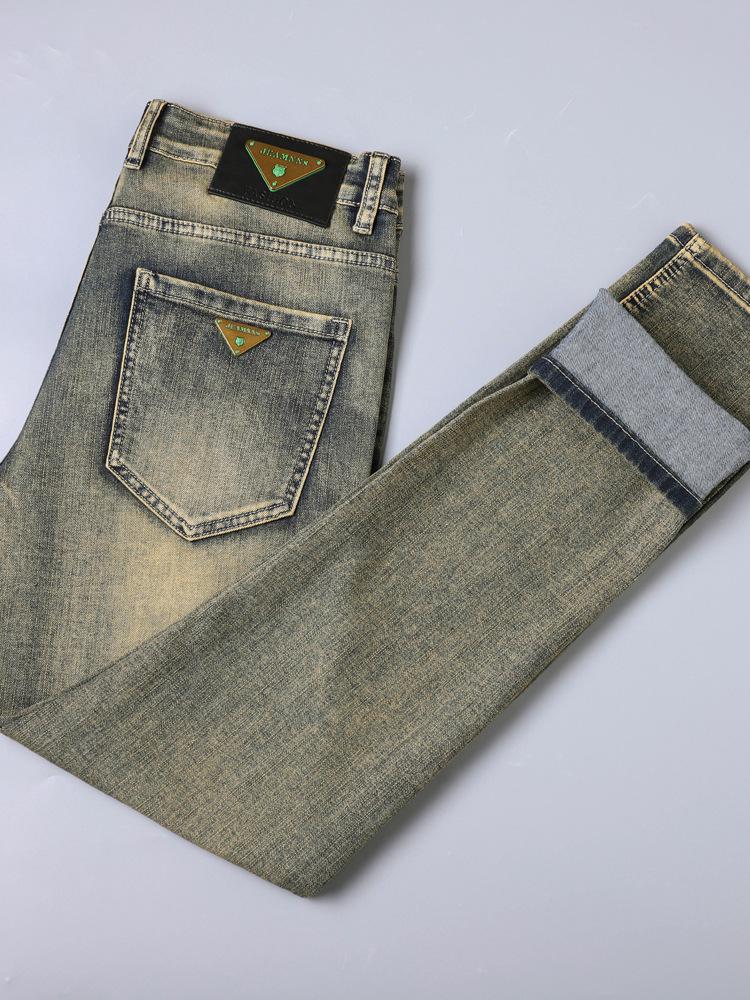 Mosazně zbarvené pánské slim fit retro distressed džíny - Trendy podzimní ležérní skinny kalhoty pro chlapce.