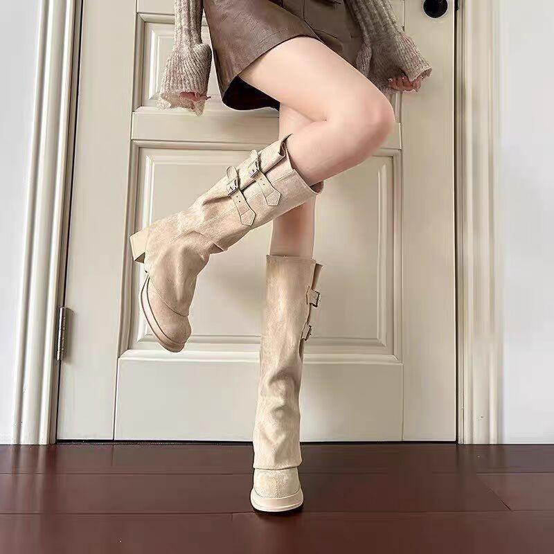 Fashion Non-Knee High Boots Women's Fashion Round Toe Platform Metal Buckle Suede Non-Slip Wear-Resistant Block Heel Single Boots
