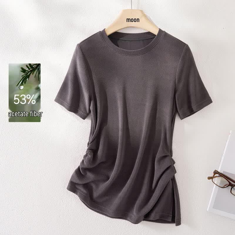 IHIMI Women s Acetic Acid Knit Pleated Waist T-shirt L