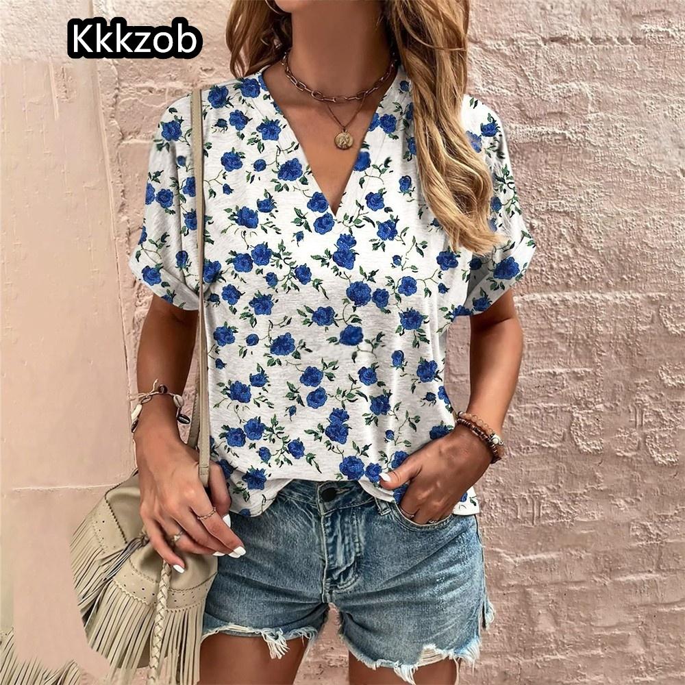 Crushed Flower Casual T Shirts Streetwear Casual Woman Topsshort Sleeve V Neck Tshirt Women's Fashions Loose Plus Size Clothing