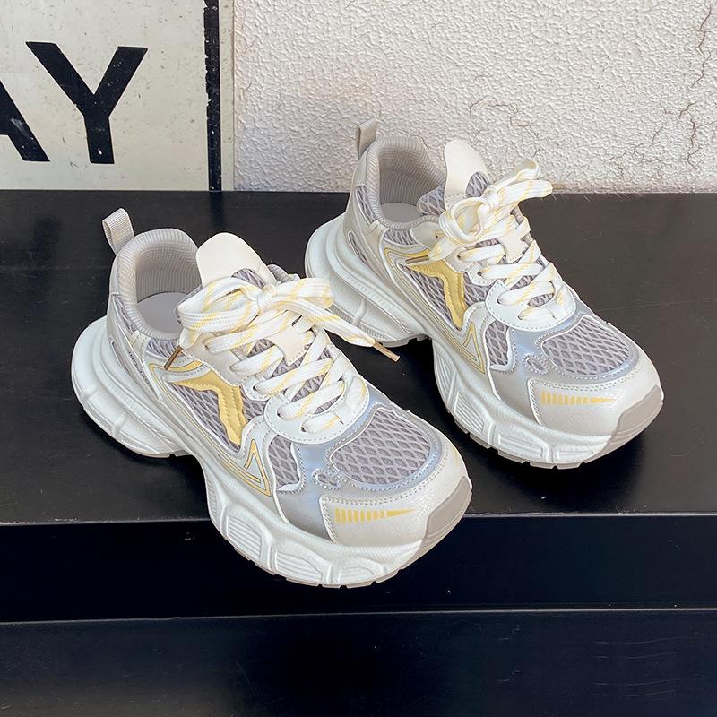 Design Sense Double Shoelace Dad Shoes Women's Spring 2025 New Mesh Breathable Lightweight Thick-soled Casual Sneakers