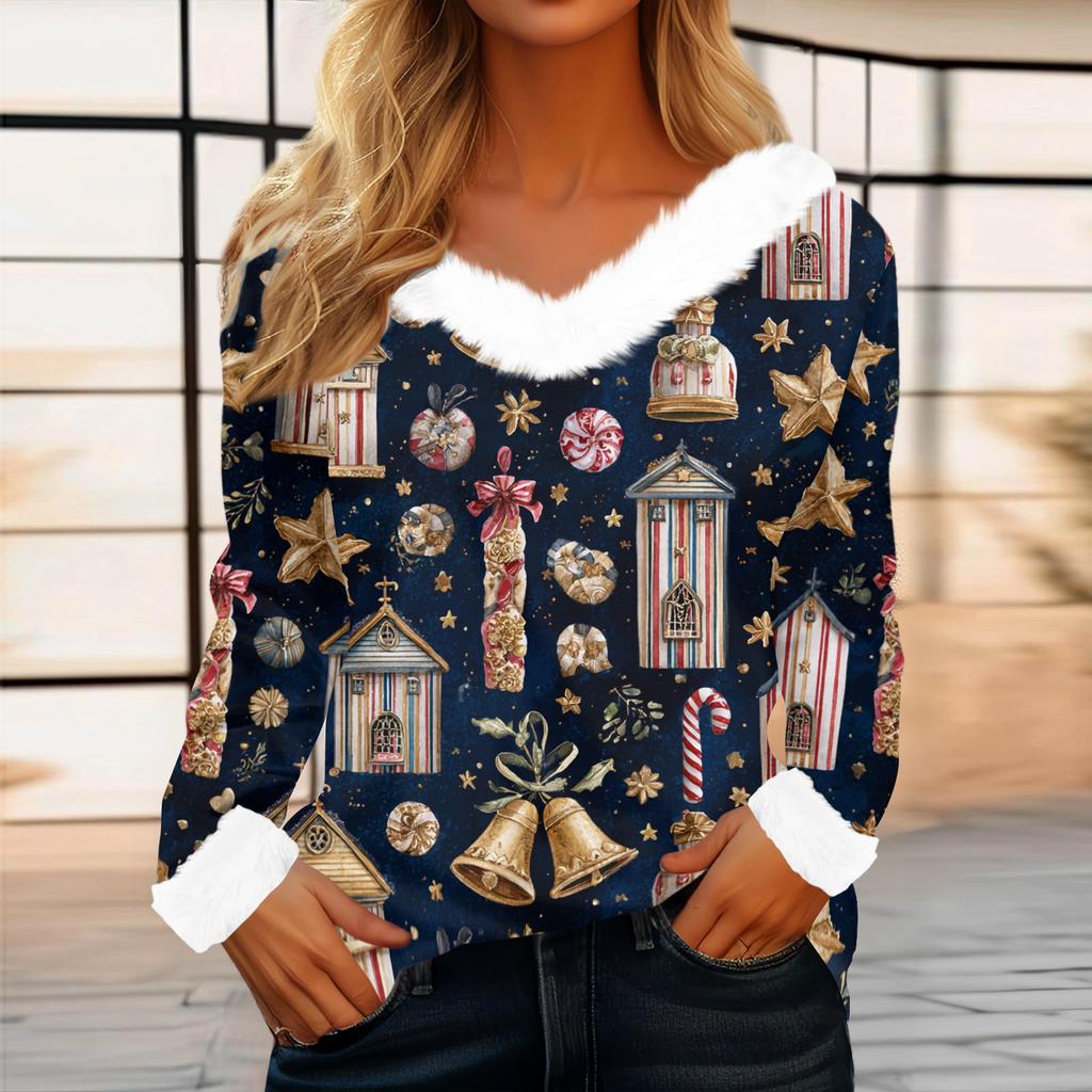 Women's Casual Fashion Long Sleeve Christmas Printed Flannel Collar Top