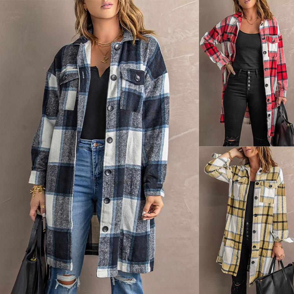 Ladies Casual Loose Long Sleeve Loose Single-breasted Button Plaid Long Coat