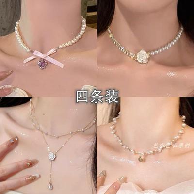 Weet Love Lace Bow Pearl Necklace Girl Ummer Light Luxu Niche Collarbone Neck Cha Acceorie