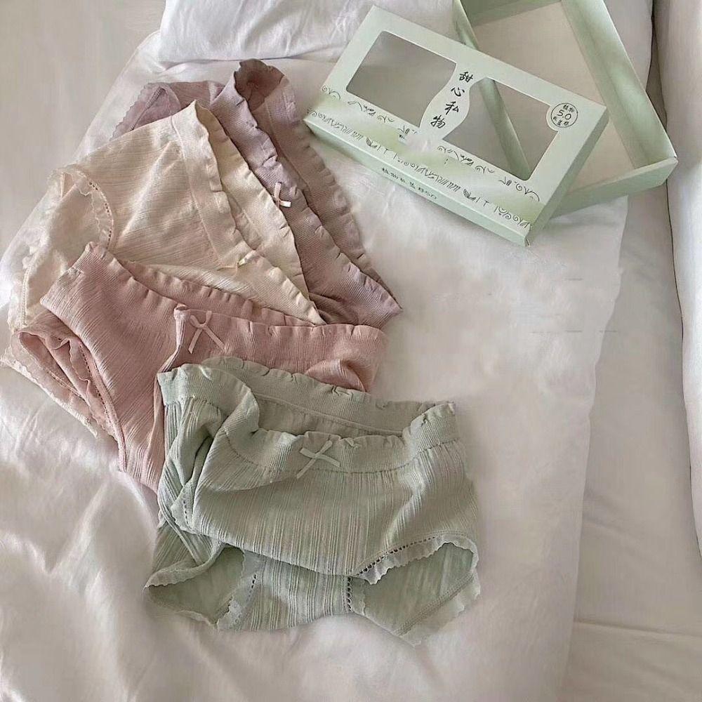 4Pcs Mid Waist Seamless Briefs Cotton Crotch Underwear for Women Fashion Lace Bowknot Panties  Lady