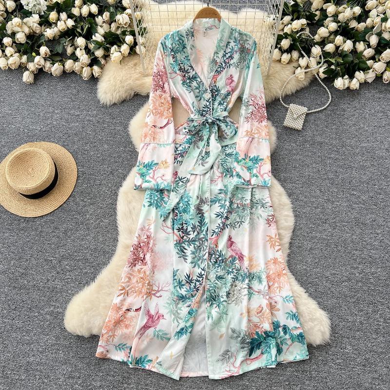 

Модное весеннее женское платье со шнуровкой, присборенным талией, лацканом, длинными рукавами, кардиганом, элегантным принтом 2XL зелёный