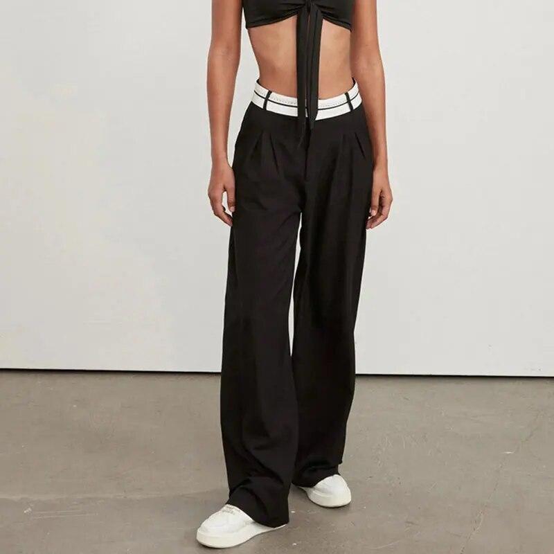 

Женские повседневные прямые брюки, осень-зима 2022, плиссированные офисные женские брюки с высокой талией, элегантные простые свободные женские брюки L чёрный