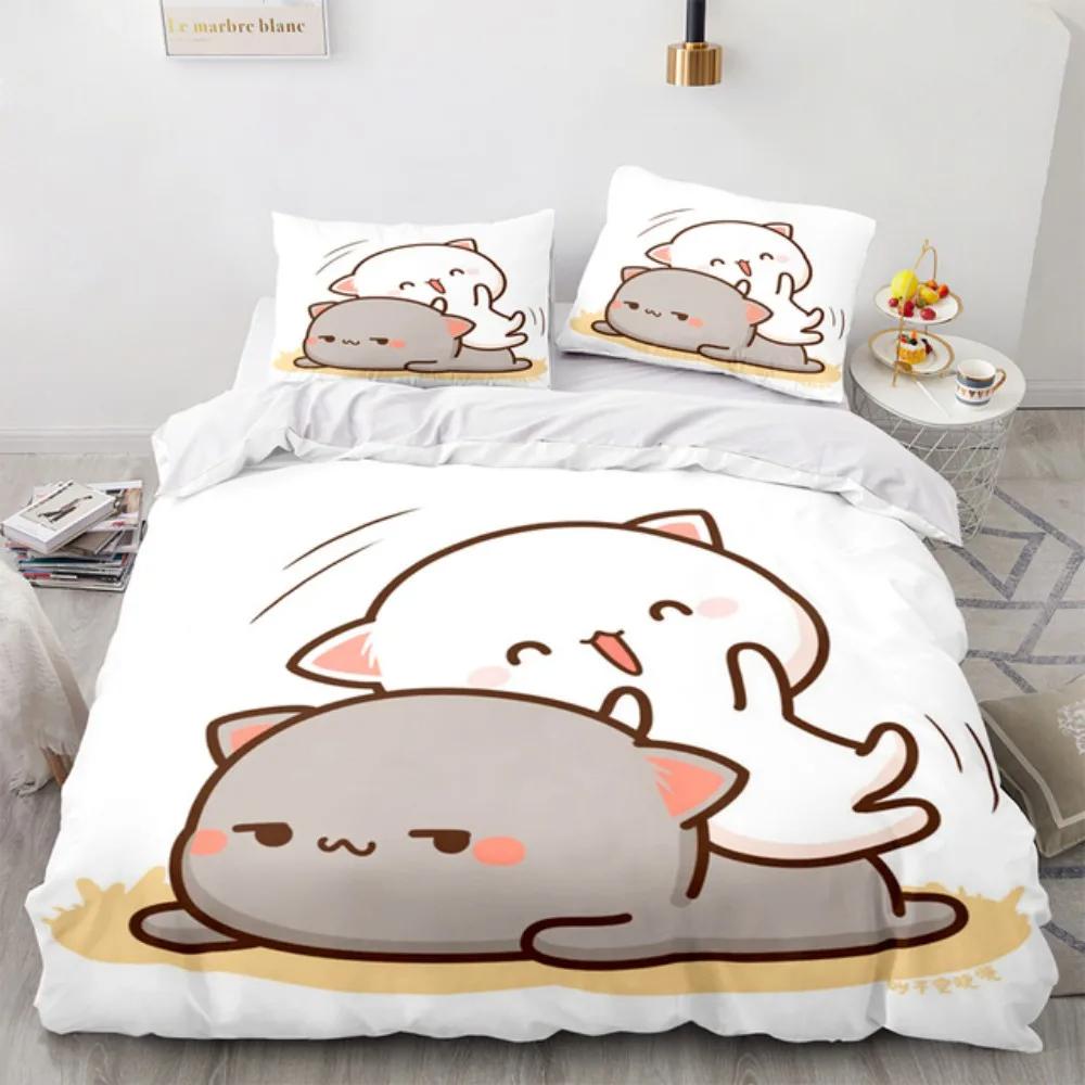 Cartoon Lovely Peach Cat Bedding Set Boys Girls Twin Queen Size Duvet Cover Pillowcase Bed Kids Adult Fashion Home Textileextile
