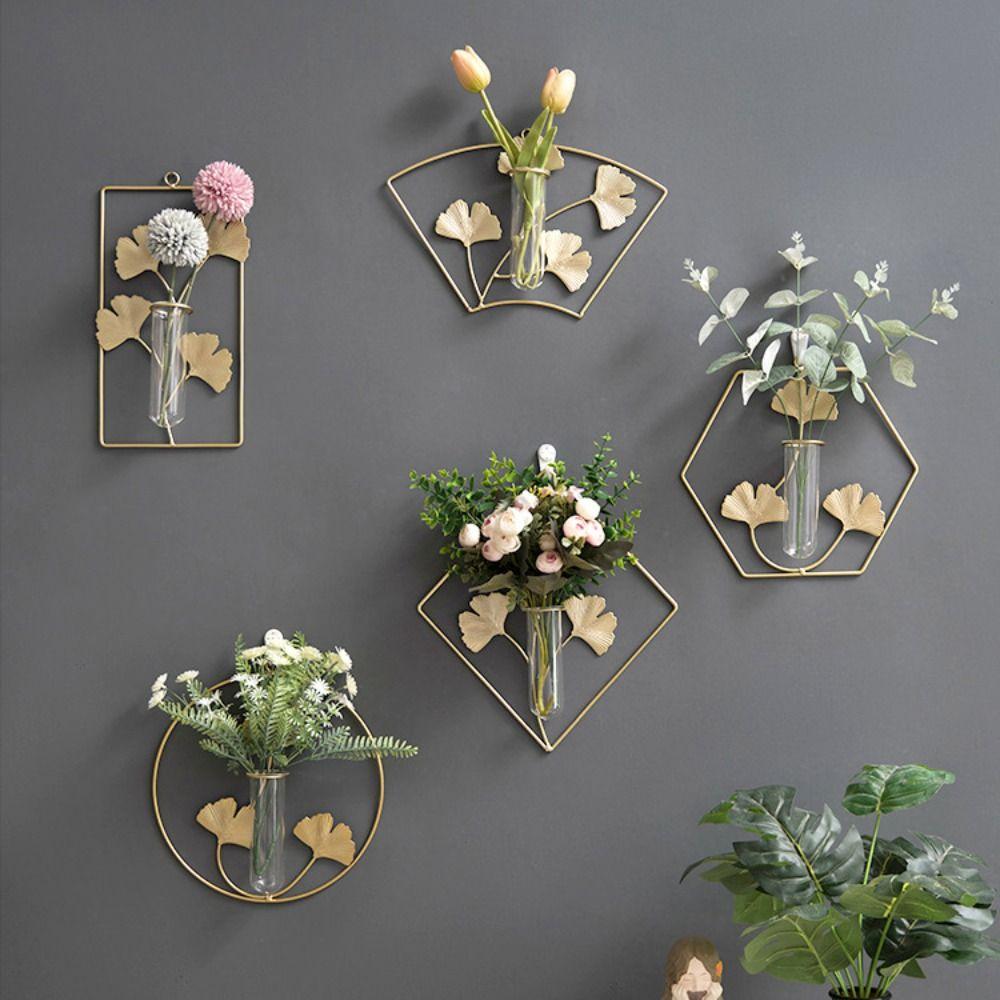 Test Tube Iron Ginkgo Wall Hanging Vase Flower Storage Rack Hanging Planter  Home/Office Decor