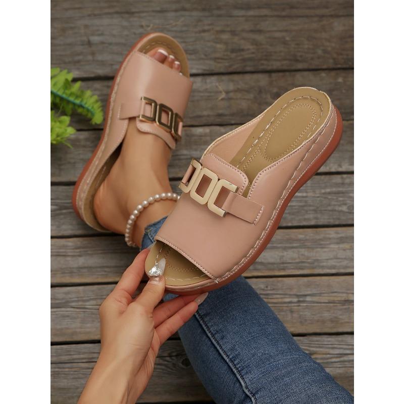 Women's Plus Size Platform Slide Sandals, Metallic Buckle Chunky Heel Summer Shoes