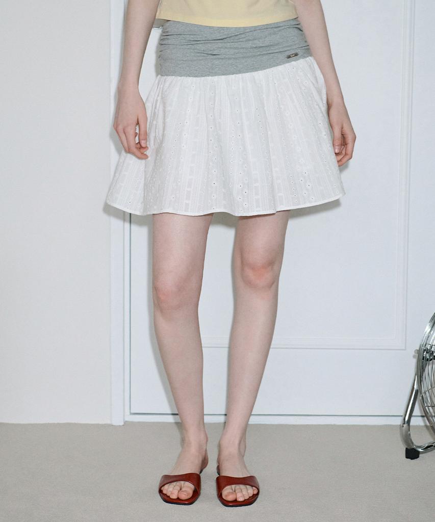 Sinun Eyelet Mix Flare Skirt (White)