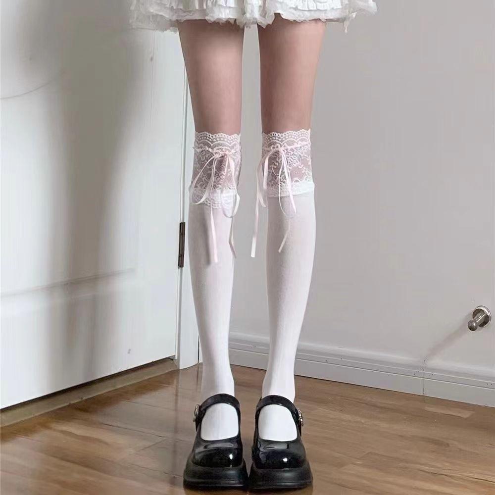 Lolita Lace Knee Socks White Women'S Ribbon Bow Medium Stockings Jk Autumn Thin Calf Socks