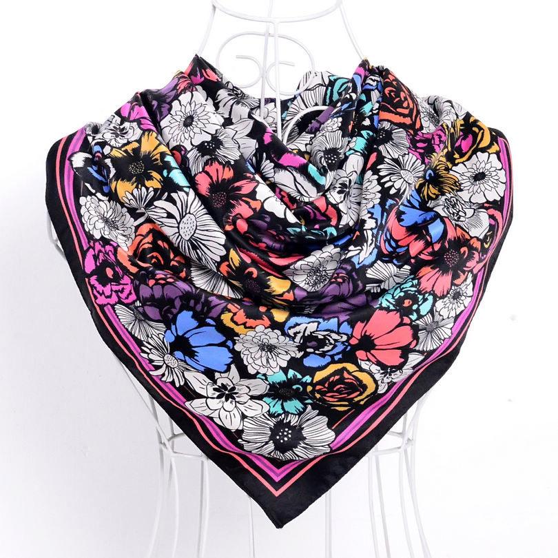 Ladies Daisy Large Square Scarves  New 90*90cm Spring Autumn Matt Satin Scarves Fashion Accessories Navy Blue Silk Scarf