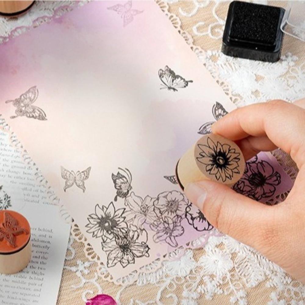 DIY Craft Cylindrical Stamp Butterfly Flower Themed Wood Rubber Stamp Diary Decoration